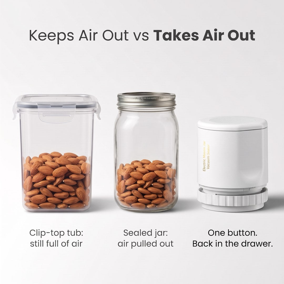 Clip-top tub keeps air in; sealed Mason jar has the air pulled out