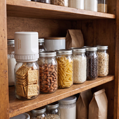 Sealer on a jar of crackers on a pantry shelf of sealed jars