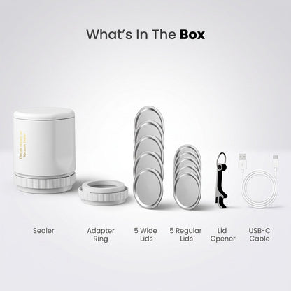 What's in the box: sealer, adapter ring, 5 wide lids, 5 regular lids, lid opener, USB-C cable