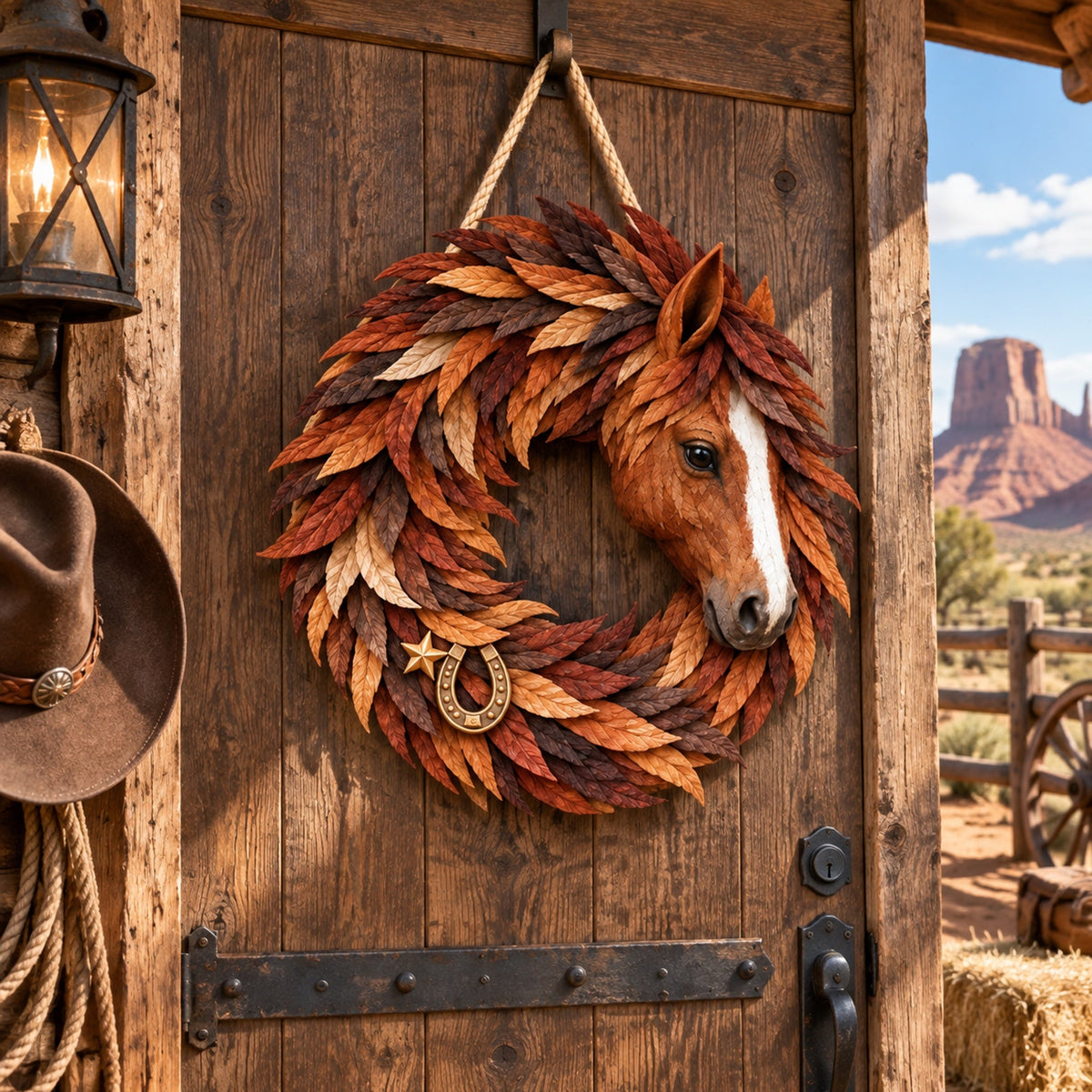 🐎 Equestrian Heritage Wreath™ – 3D Horse Head Door Wreath with Horseshoe & Star