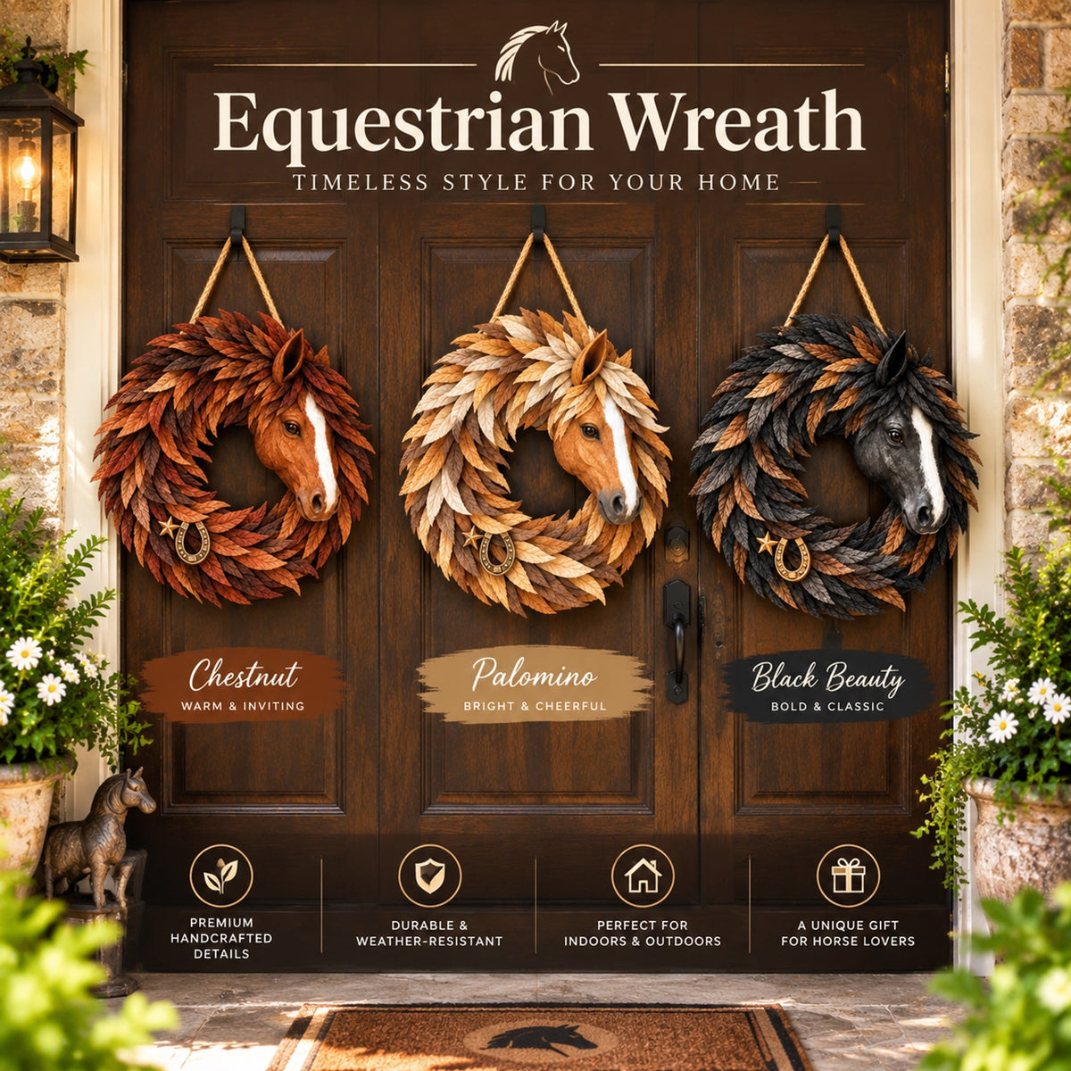 🐎 Equestrian Heritage Wreath™ – 3D Horse Head Door Wreath with Horseshoe & Star
