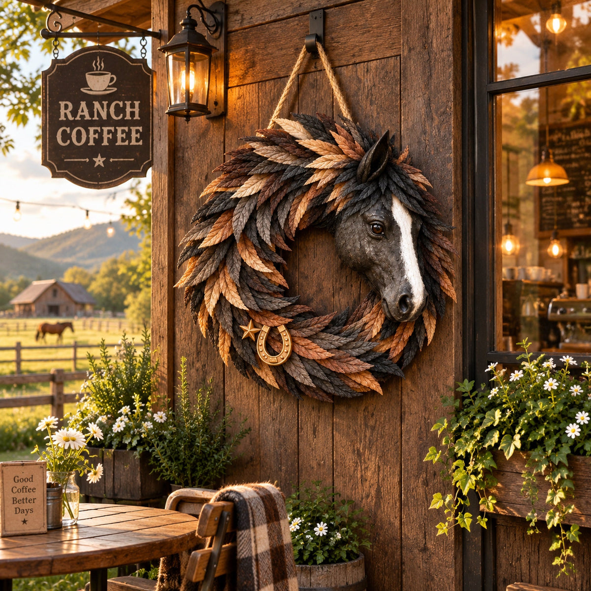 🐎 Equestrian Heritage Wreath™ – 3D Horse Head Door Wreath with Horseshoe & Star
