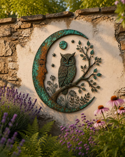 🌙 Crescent Moon Owl Metal Wall Art 🦉 – A Timeless Woodland Accent for Garden, Porch & Home