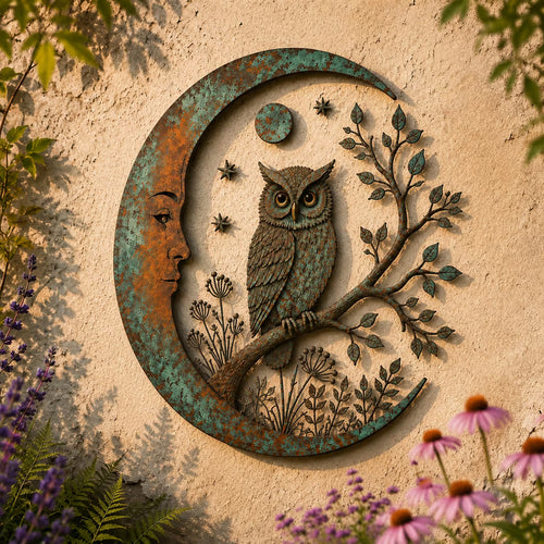 🌙 Crescent Moon Owl Metal Wall Art 🦉 – A Timeless Woodland Accent for Garden, Porch & Home