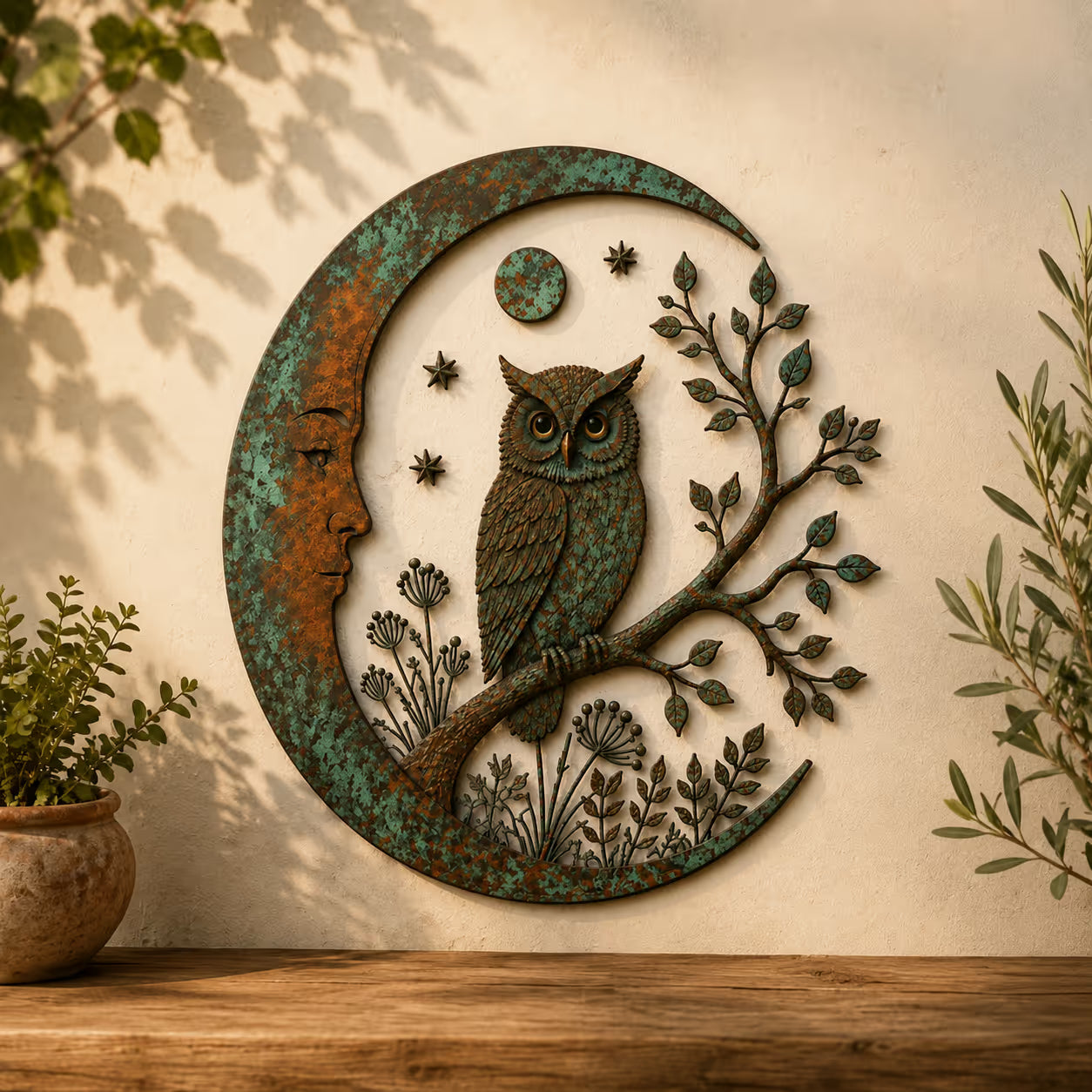 🌙 Crescent Moon Owl Metal Wall Art 🦉 – A Timeless Woodland Accent for Garden, Porch & Home