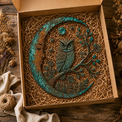 🌙 Crescent Moon Owl Metal Wall Art 🦉 – A Timeless Woodland Accent for Garden, Porch & Home