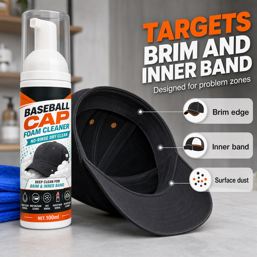 🧢 No-Rinse Baseball Cap Foam Cleaner – Deep Clean Brims, Sweatbands & Everyday Buildup